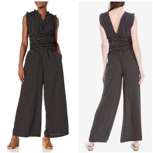 Max Studio Black White Polka Dot Shirred Smock Waist Wide Leg Jumpsuit, Sz XS